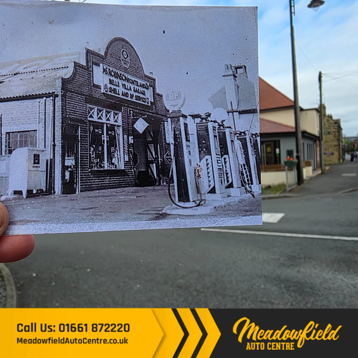 Then and now: an old photograph of A. S. Robinson's Belle Villa Garage and its petrol pumps, held up against the same spot in Ponteland today