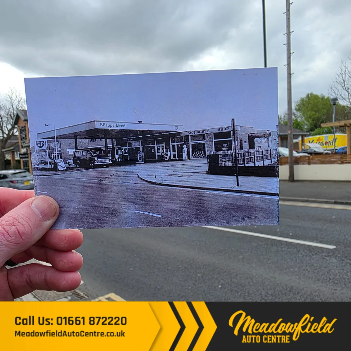 Then and now: an old photograph of the BP Superblend forecourt and Motorist's Shop, held up against the same spot in Ponteland today