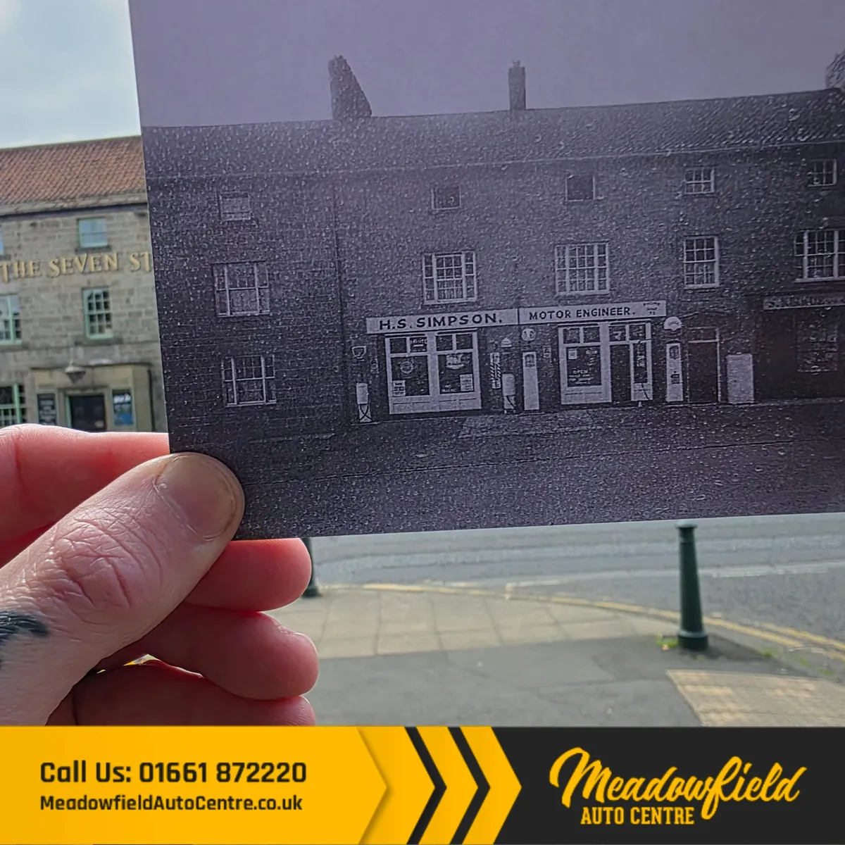Then and now: an old photograph of H. S. Simpson's motor engineer's shop front, held up against the same spot in Ponteland today