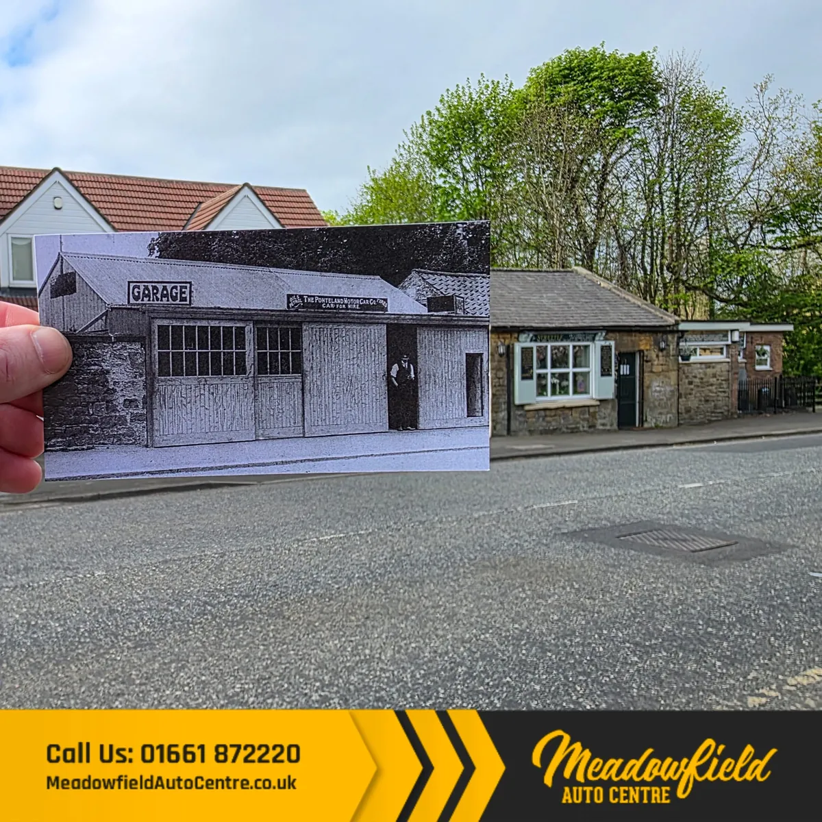 Then and now: an old photograph of the Ponteland Motor Car Co. garage, held up against the same spot in Ponteland today