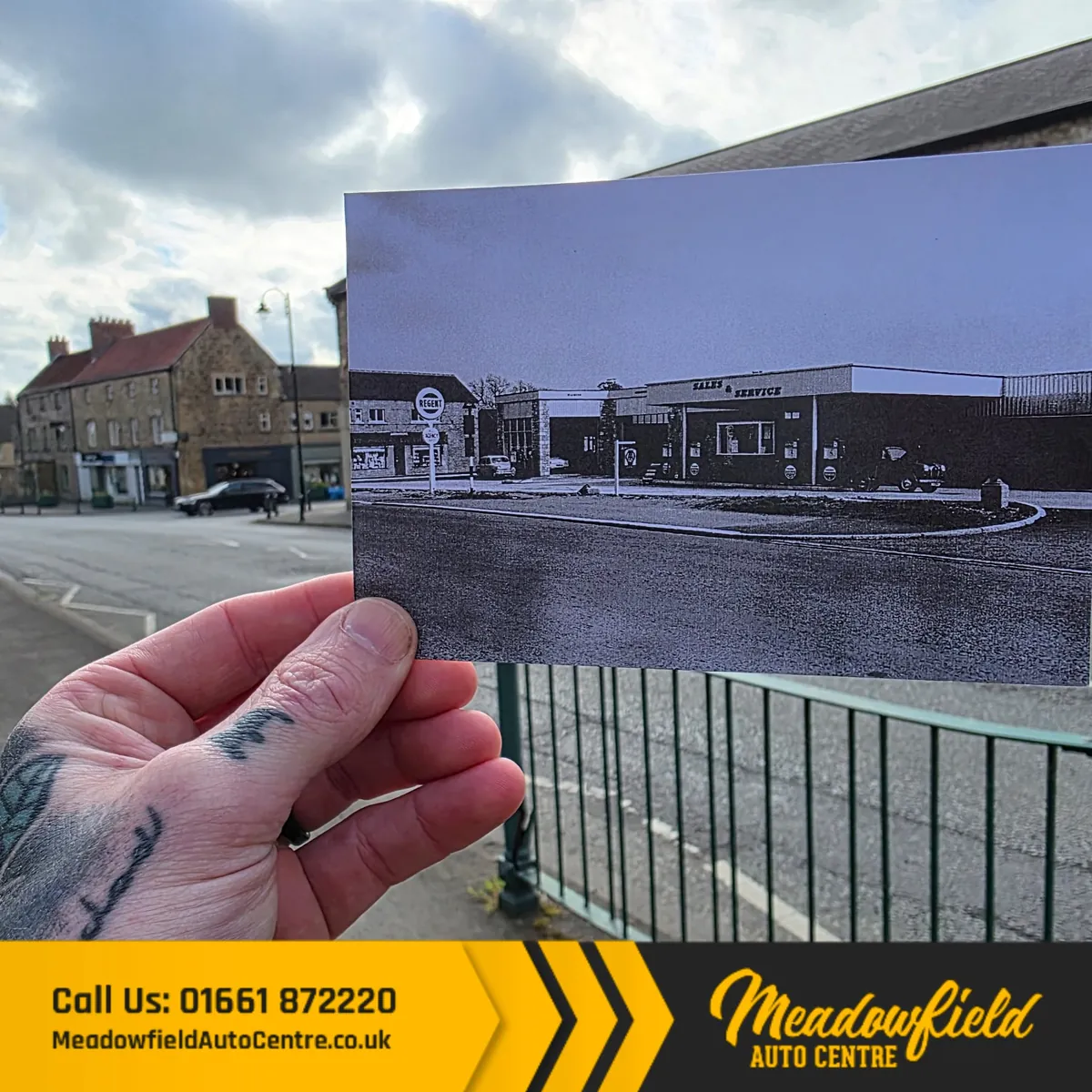 Then and now: an old photograph of a Regent filling station and Sales & Service showroom, held up against the same spot in Ponteland today