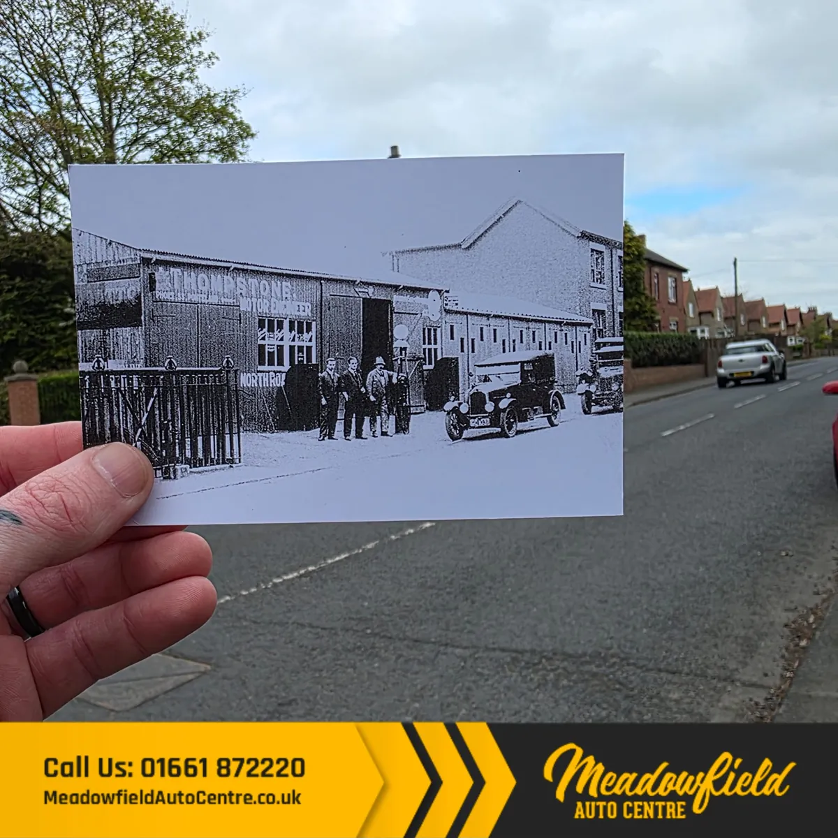 Then and now: an old photograph of Thompstone's motor engineering works on North Road, held up against the same spot in Ponteland today